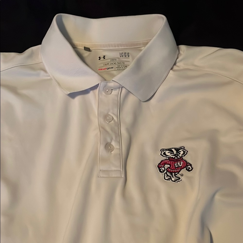 White Under Armour Badger Polo with Bucky Logo